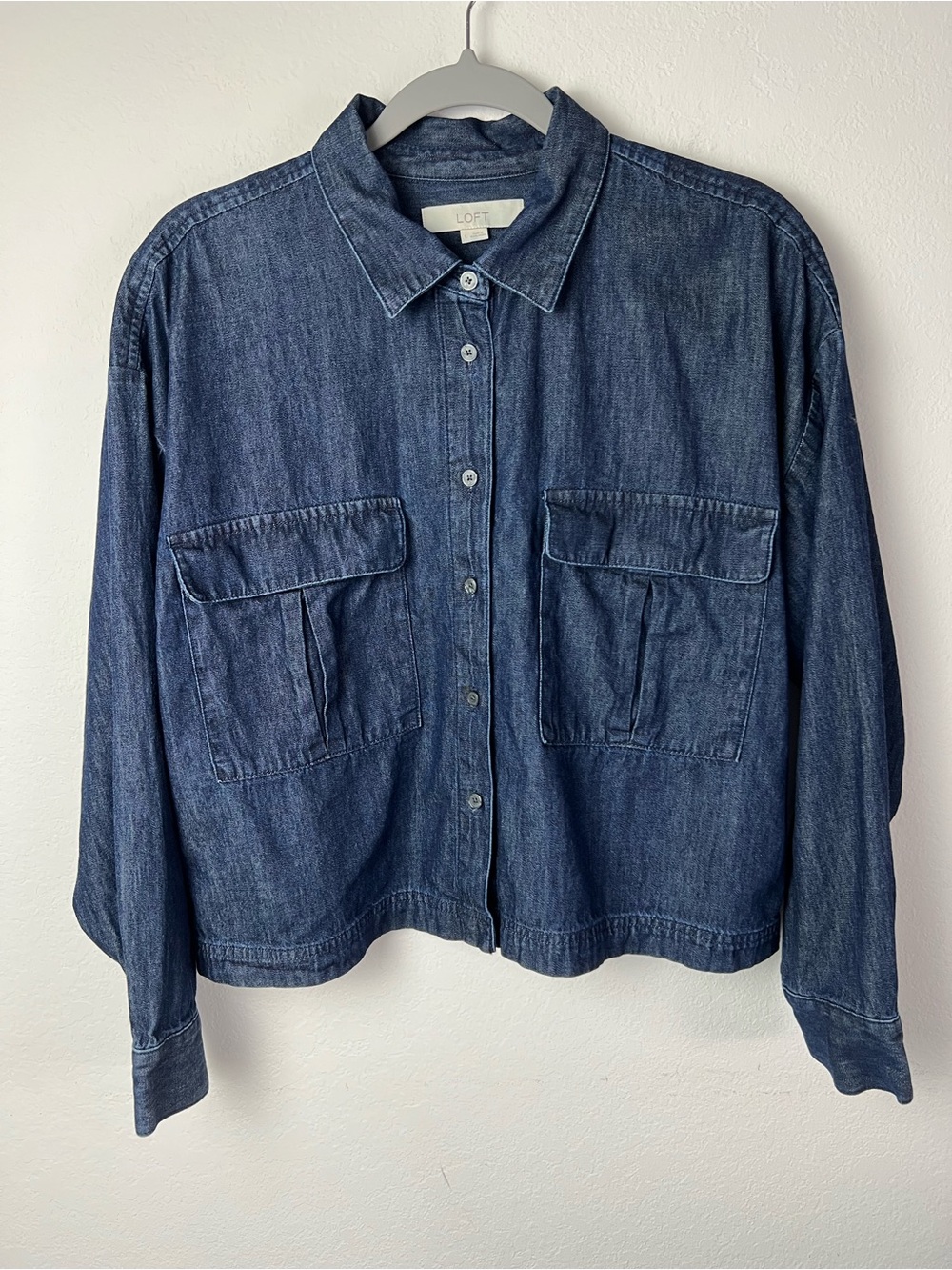 Loft Chambray Blue Denim Cropped Cotton Button Down Shirt Jacket